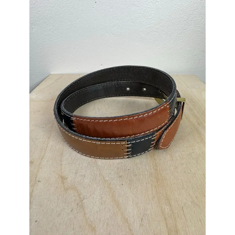 VTG Fossil Womens Belt Leather Brown Patchwork Boho Y2K 90s Medium 32-34” Brass